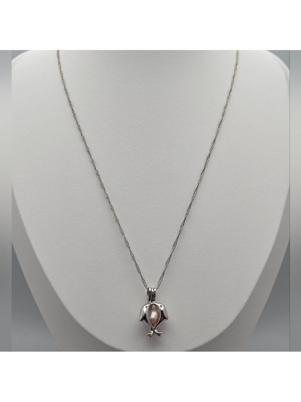 Kissing Dolphins Cage Pendant w/Pink Genuine Pearl Necklace Silver Tone Twist